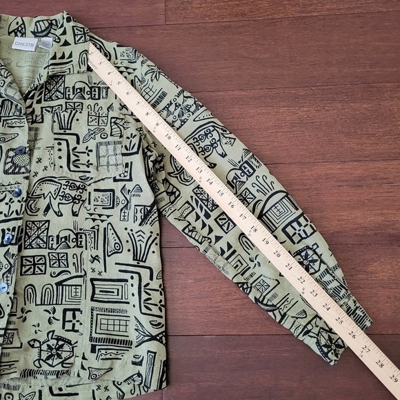 Chico's Green & Black Printed Button-Up Linen & Silk Artsy Top Women's Size M - Picture 11 of 11